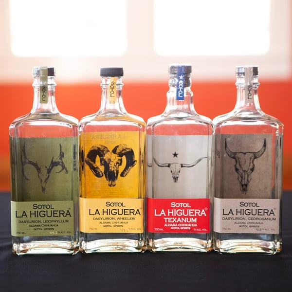 Four bottles of La Higuera Sotol, a Mexican spirit, with distinct labels and skull designs.